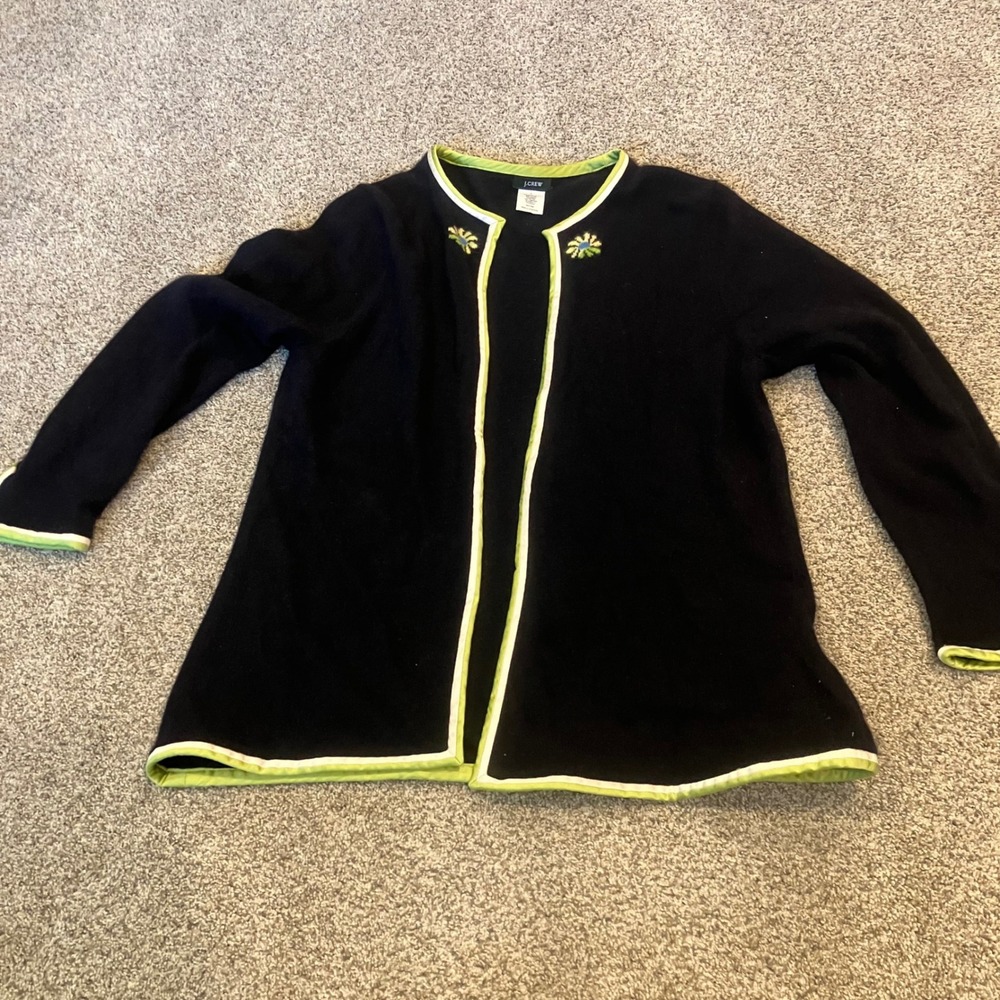 J.Crew Vintage L Black Merino Angora Cashmere Cardigan Lime Green Trim Flowers